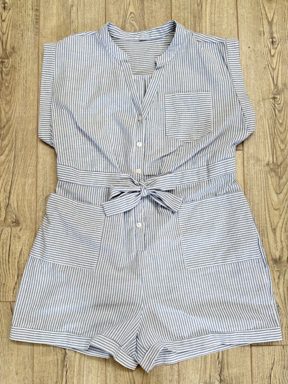 Striped Blue & White Tie-Waist Romper - Brand Unspecified Sz 16